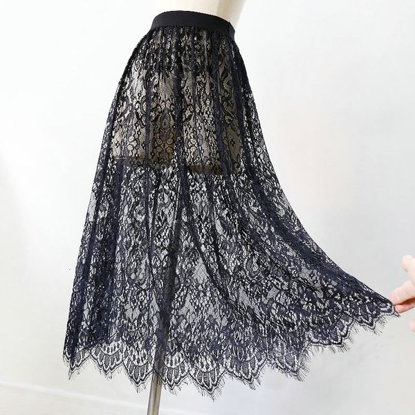 

women mesh edge transparent long tule rok korean fashion summer ladies elastic high tail black beach midi, Black;gray