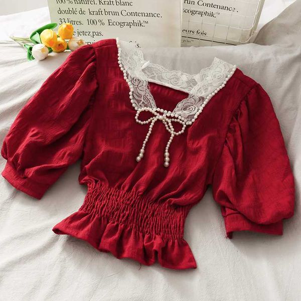 

women's blouses & shirts fairy lace spliced beaded bowknot off-shoulder puff sleeve girl's shirt korean-style short blouse summer, White