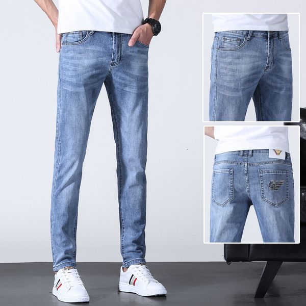 

jeans summer thin men's washed and worn out leggings light color feel elastic old style, Blue