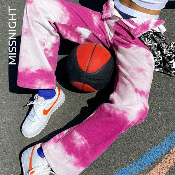 

women's pants & capris missnight chic tie dye y2k straight high waist e-girl wide leg women trousers streetwear elastic loose hip style, Black;white