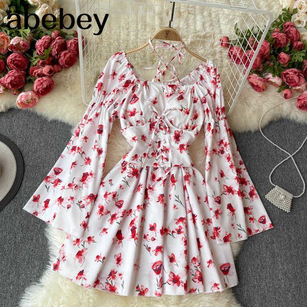 

fashion flower print corset dress women gothic bandage mini dress off shoulder flare sleeve spring vestidos 210715, Black;gray
