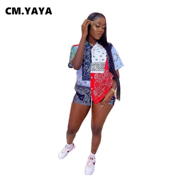 

plus size t-shirt cm.yaya women shirts bandanna paisely print short sleeve single breasted loose straight casual summer clothing