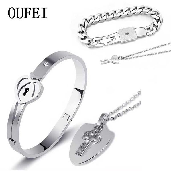 Brincos colar de jóias de amantes Oufei Conjuntos de jóias para moda Casal de aço inoxidável Love Heart Lock Bracelets
