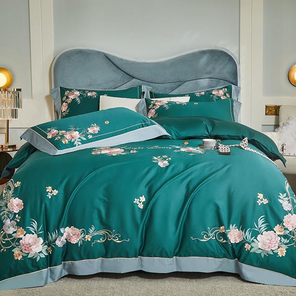 

bedding sets luxury green blue pastoral flowers embroidery 1000tc egyptian cotton set duvet cover bed sheet pillowcase home textile