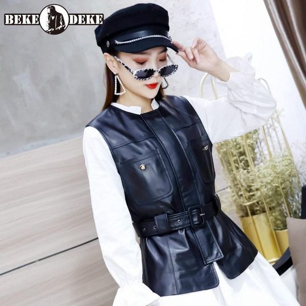 

women sashes black office vest spring slim o-neck real leather sleeveless jacket streetwear short waistcoat female m-3xl women's vests, Black;white