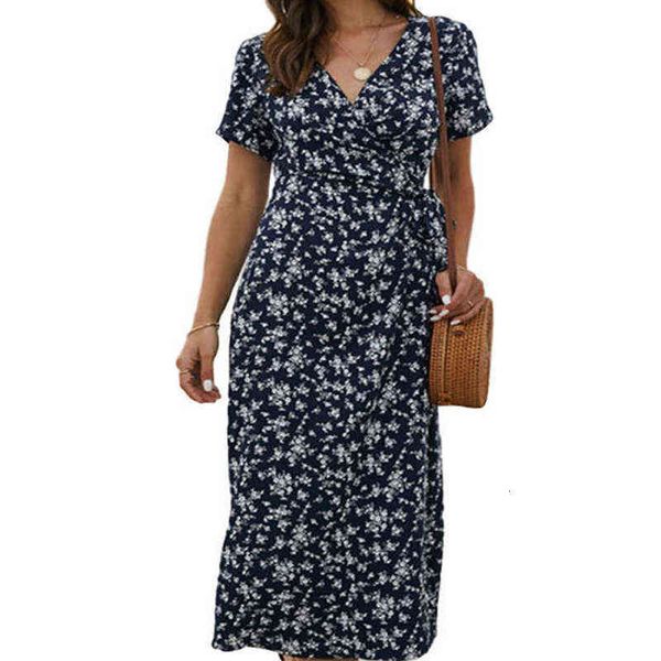 

2021 print skirt summer women's fashion slim tie v-neck short sleeve high waist dress, Black;gray