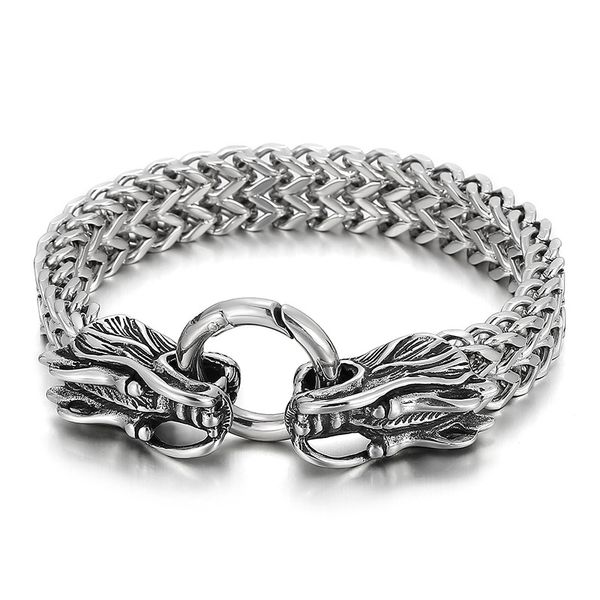

80g men's biker 316l stainless steel figaro link chain dragon head bracelet 8.66'' black silver