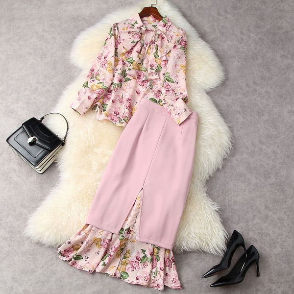 

two piece dress european and american women's wear for spring long - sleeved printed flounce shirt fish tail skirt fashion suits tpv5, White