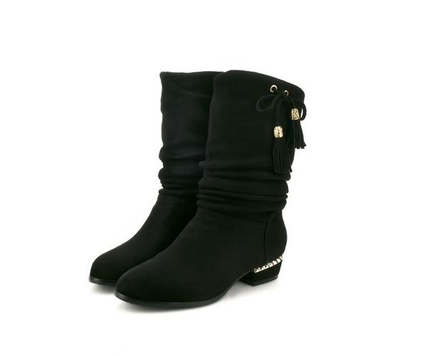 

big size 9 10 11 12 boots women woman winter shoes botas lace tassel pendant sleeve flat heel, Black