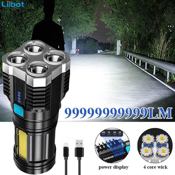 

flashlights torches strong light led cob usb rechargeable built-in battery hand lamp power display weight portable