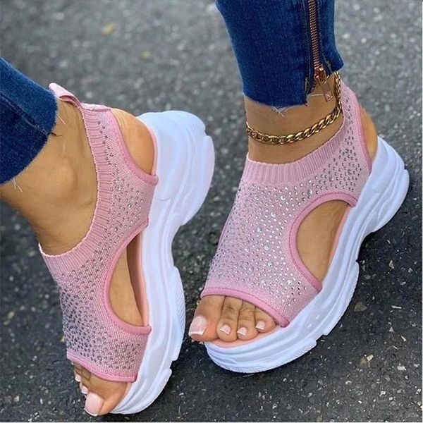 

dress shoes summer woman sandals women crystal 2021 wedges ladies platform comfort women's fashion peep toe female beach plus size, Black
