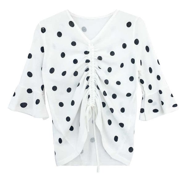 Belki U Beyaz Polka Dot V Boyun 3/4 Üç Çeyrek Kol Flare Kol Kadınlar Şifon İpli Gömlek Bluz Black B0091 210529