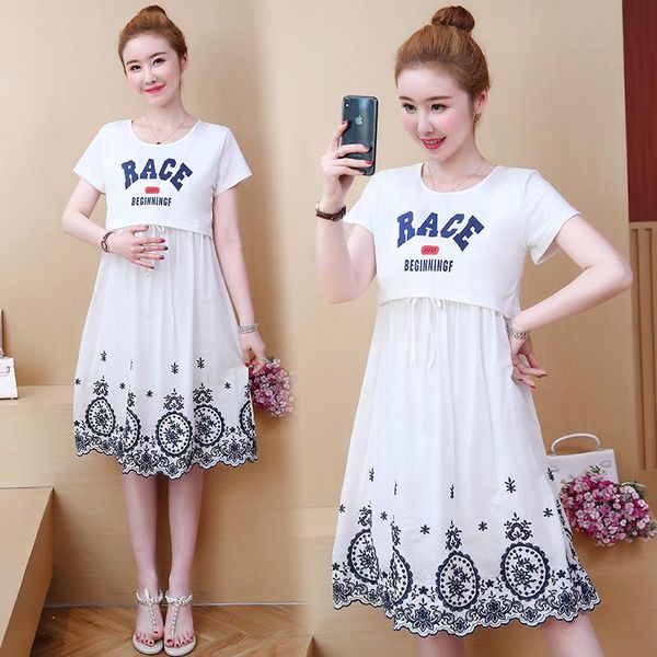 

maternity dresses clothes 2021 style pregnant woman's nursing clothing dress mid-length skirt, White