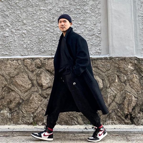 

men's wool & blends woolen overcoat streetwear style men'ssingal breasted thick loose solid long-length warm casual trench winter, Black