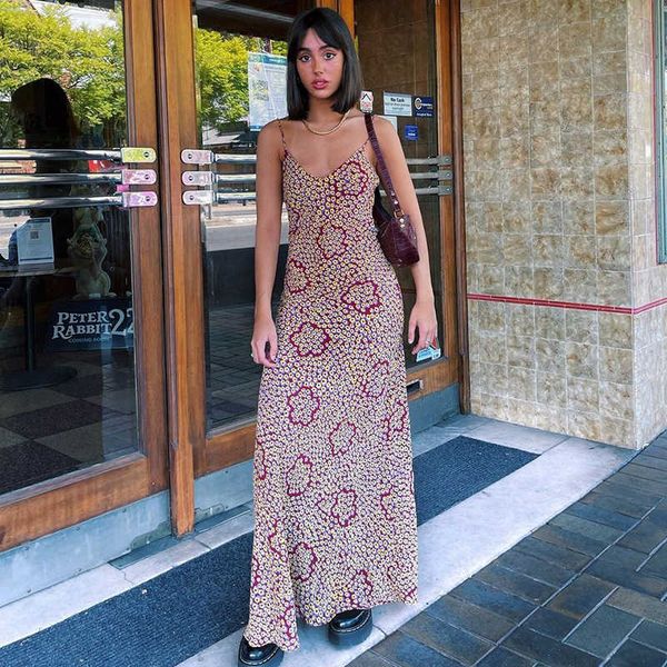 Mulheres Sexy Floral Impressão Solto Vestido Longo Baixo Corte Halter Casual Streetwear Roupas Moda Elegante Saia 1 Parte Verão 210604