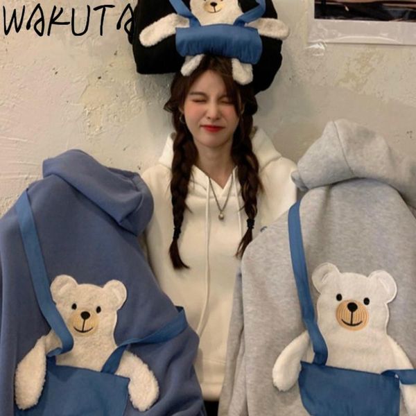 

kawaii cartton thick hoodies women japanese korean oversized cute bear design autumn winter fleece hooded outwear women's & sweatshirt, Black