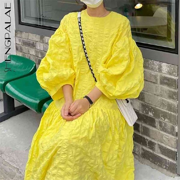 

shengpllae soft yellow folds dress women's spring round neck loose long lantern sleeve large swing mid-calf dressws 210427, White