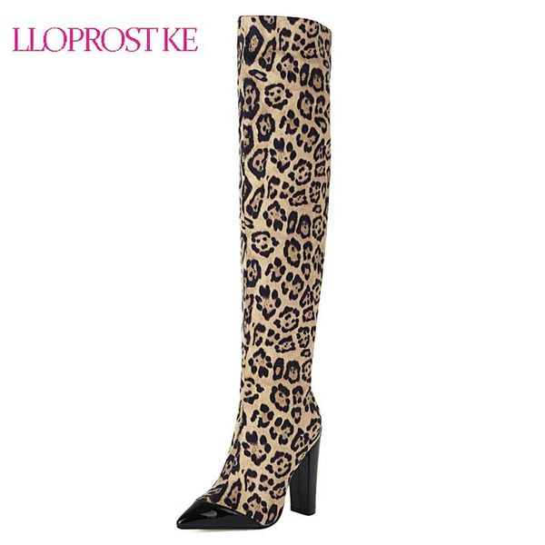 

boots lloprost ke 2021 winter leopard shoes women thigh high patchwork lady party dress over the knee size 34-43, Black