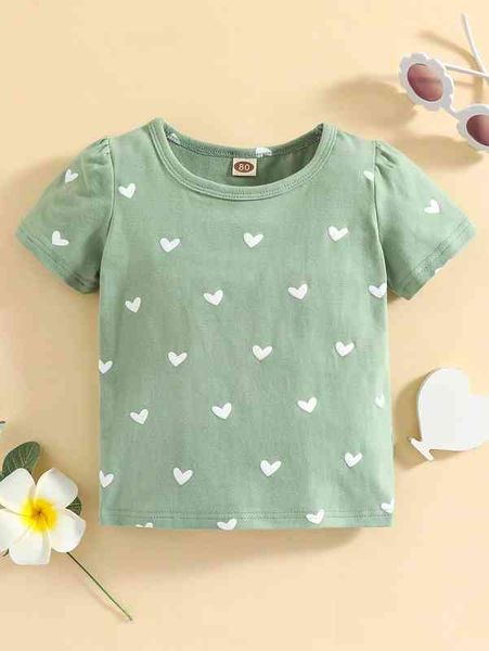 

baby heart print puff sleeve tee she, Black