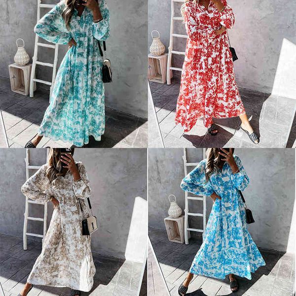 

long sleeve lotus leaf print women bohemian beach maxi dresses loose ankle-length elegant ladies holiday casual dress clothes, Black;gray