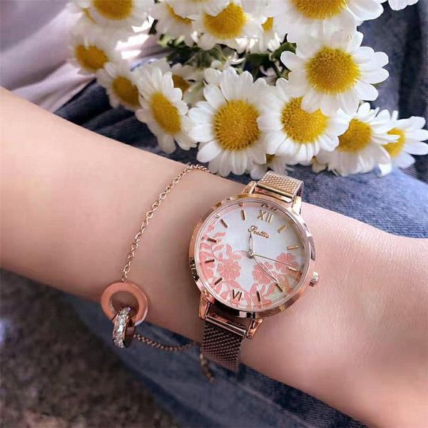 

wristwatches watches women creative luxury quartz wristwatch flower waterproof mesh wrist watch simple elegant female clock ladie, Slivery;brown