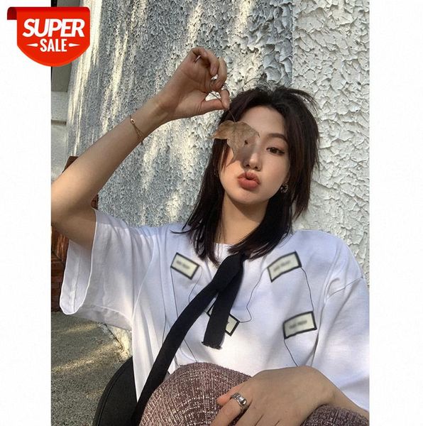 

fun to play with the trendy people, good for wind chic label design white t-shirt round neck loose trend short-sleeved women #tz0t, Black;gray