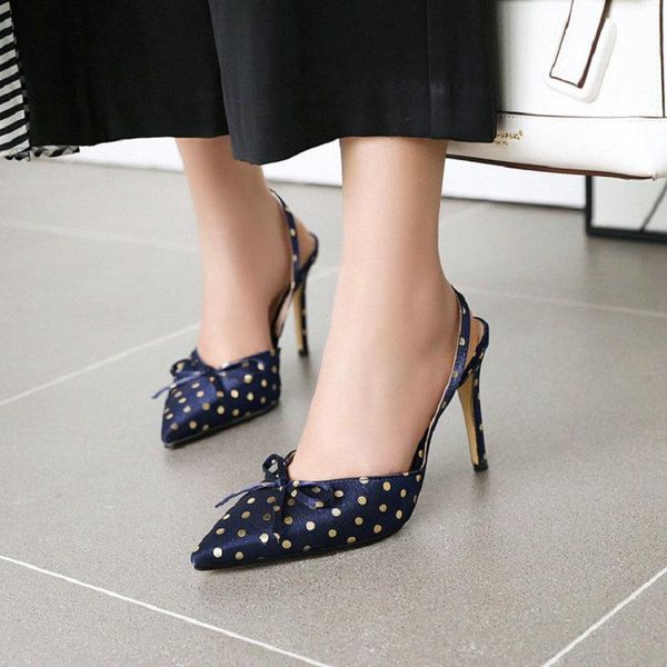 

sandals sianie tianie satin navy blue polka dot elegant lady pumps slingback high heels women with butterfly-knot big girl shoes, Black