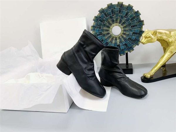 

boots mixed color split toe women designer shoes 2021 genuine leather short thick low heel, Black