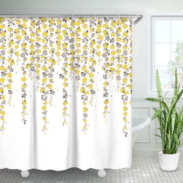 

flower shower curtain with hooks, decorative bathroom curtain, fabric leaf bath curtain, machine washable, yellow, 72" x 72"