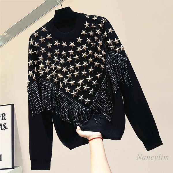 

women's sweaters nancylim warm pull sweater women tassled star rivet pullover knitting coat autumn winter female harajuku black bat, White;black