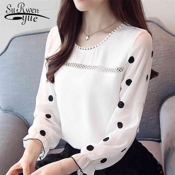 

long sleeve women blouses shirt fashion chiffon blusas sweet o-neck elegant dot full feminine women's clothing d383 210421, White