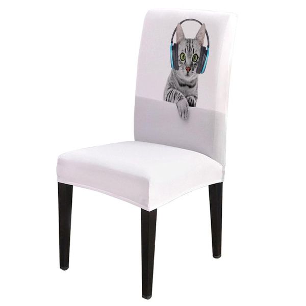 

chair covers cats wearing headphones dining cover spandex elastic print slipcovers furniture kitchen wedding supplies