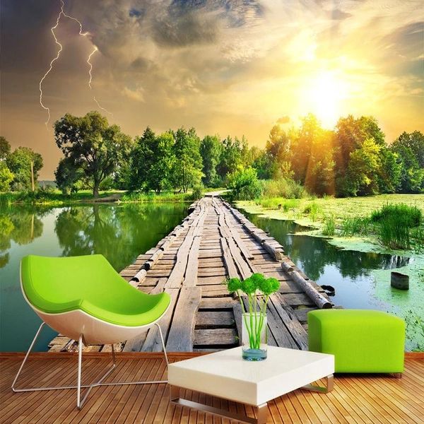 

self adhesive wallpaper classic wood bridge river sunset forest nature landscape mural living room tv backdrop home decor wallpapers