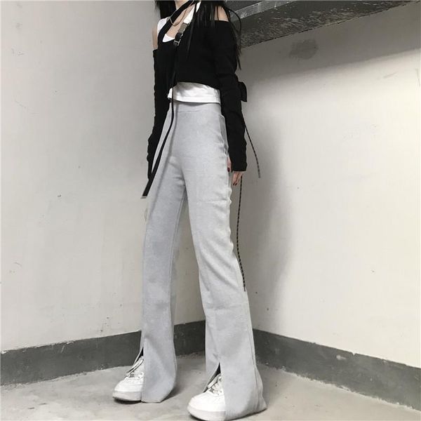 

women's pants & capris simple solid gray black elastic high waist bandage slim split long pant women summer sweatpant slit trouser kore, Black;white