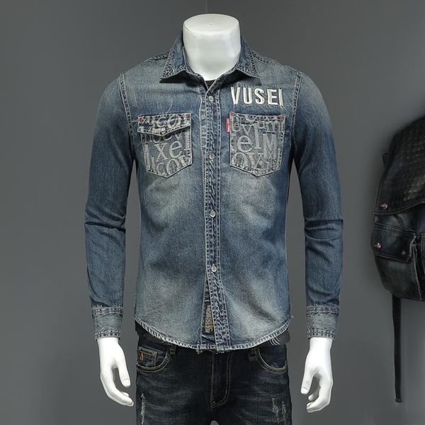 

men's casual shirts spring 2022 style embroidered slim fitting denim, White;black