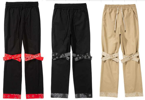 

men's pants high street work clothes cashew blossom splicing hip hop style bandage casual pants, Black