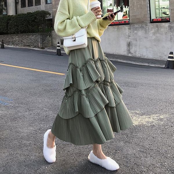 

elegant green summer elastic waist women skirts pleated ruffles long a line feminino faldas saias jupe, Black