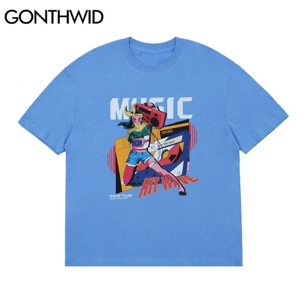 T-shirt da uomo Streetwear Gothic Hip Hop Cartoon Girl Vintage Nastri Stampa Casual Harajuku Cotone manica corta Tees Top 210602