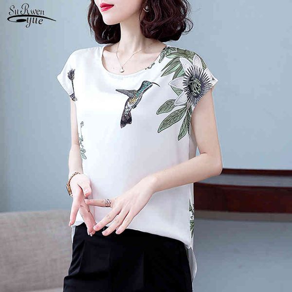 

summer silk shirt blusas mujer de moda printing short-sleeve plus size loose round neck women blouse 9874 210415, White