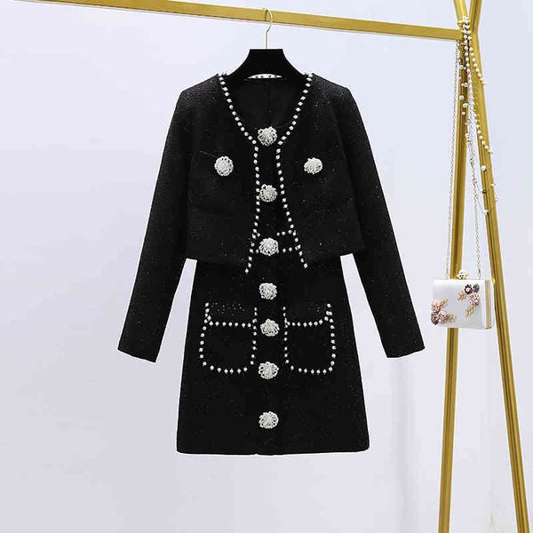 

skirt fall winter women sets vintage woolen sleeveless luxury mini dress short jacket coat two piece set chandal de mujer xz2l, Black