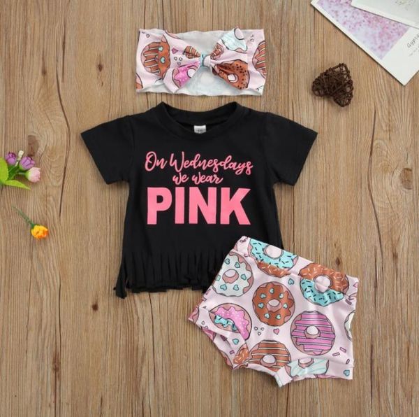 

clothing sets baby summer girls clothes set letter print short sleeve t-shirt donuts shorts bow-knot headband kids 2pcs, White