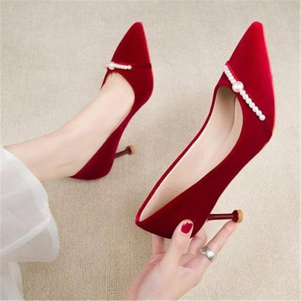 

spring pearl suede pumps female stilettos wedding shoes women's pointed toe 6cm high heels eu 34-39 wine red dress, Black