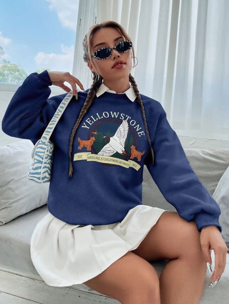 

drop shoulder slogan & cartoon graphic print pullover u3on#, White;black