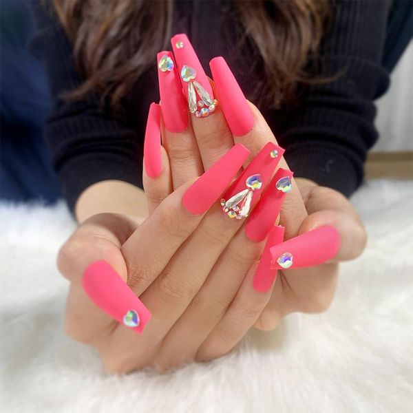 

nail gel 24pcs nails patch glue type long paragraph fluorescent pink fashion manicure false, Red;pink