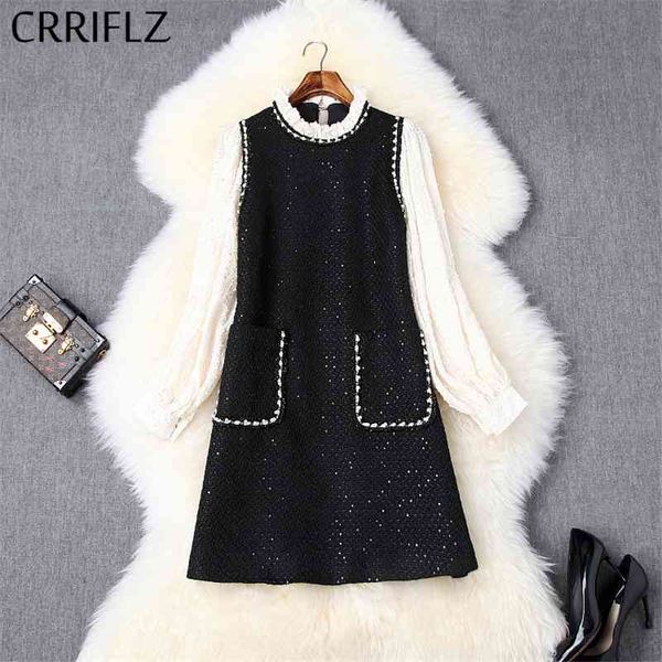 

short beading tweed dress women packwork lantern sleeve waveselvedge stand collar slim black white ladies party 210520, Black;gray