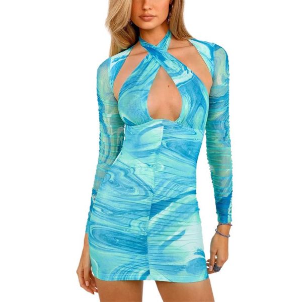 

casual dresses women short dress autumn ripple hollow-out halter-neck long sleeves backless tight mini for ladies blue, Black;gray