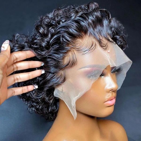 

lace wigs short pixie cut wig wet and wavy deep wave human hair for black women 250% density brazilian remy curly bob, Black;brown