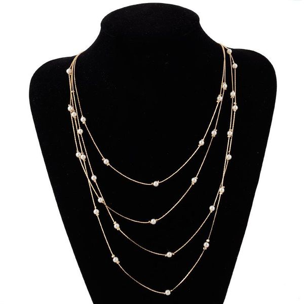 

chains (6pcs/lot)fashion 4 layer golden tone chain necklace with pearl sweet girls deco items, Silver
