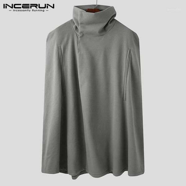 

men's trench coats man leisure buttons poncho winter long style outerwear incerun fashion solid color mens loose lapel neck cloak capes, Tan;black