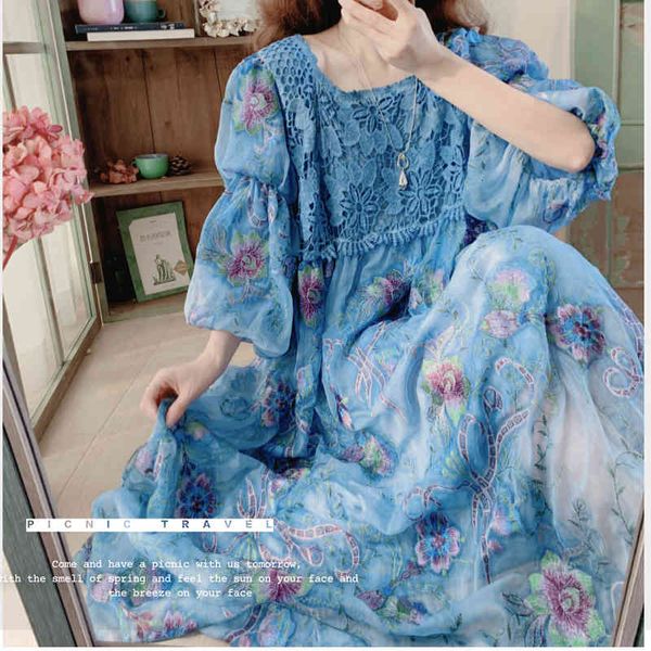 

casual dresses summer women korean fashion blue sweet luxury embroidery lantern sleeve loose midi vestido feminino 76bs, Black;gray